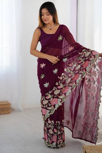 Wine floral embroidered sequins work saree