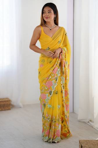 Yellow floral embroidered sequins work saree