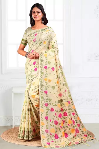 Off white linen cotton woven jacquard saree
