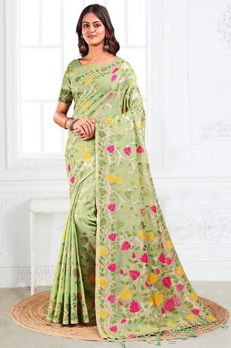 Pista linen cotton woven jacquard saree