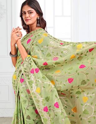 Pista linen cotton woven jacquard saree 3