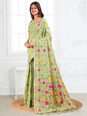 Pista linen cotton woven jacquard saree 4