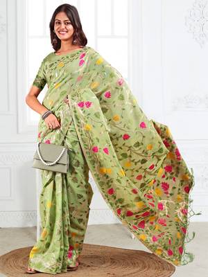 Pista linen cotton woven jacquard saree 5