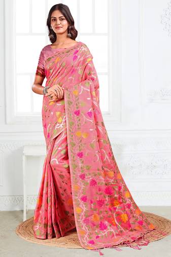 Pink linen cotton woven jacquard saree
