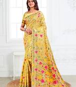 Yellow linen cotton woven jacquard saree