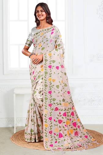 White linen cotton woven jacquard saree