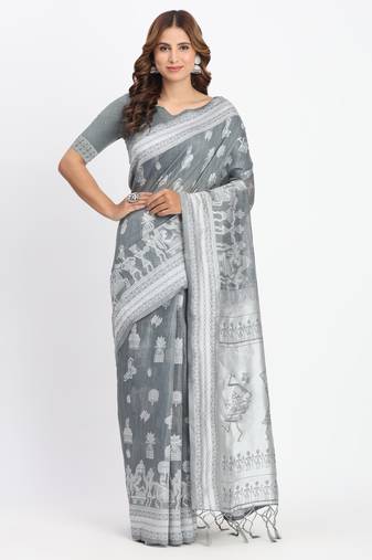 Grey linen cotton woven saree
