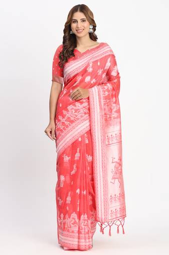 Red linen cotton woven saree