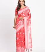 Red linen cotton woven saree