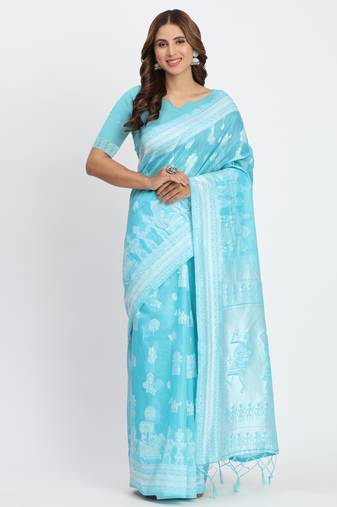 Sky blue linen cotton woven saree