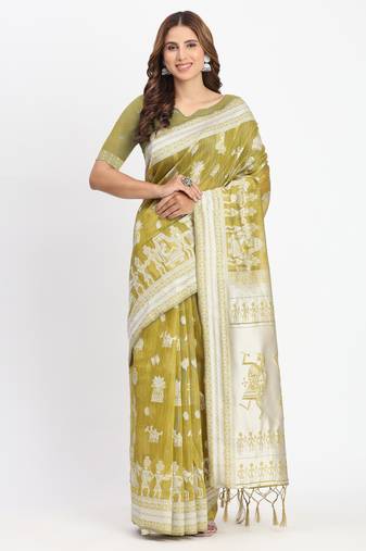 Mustard linen cotton woven saree