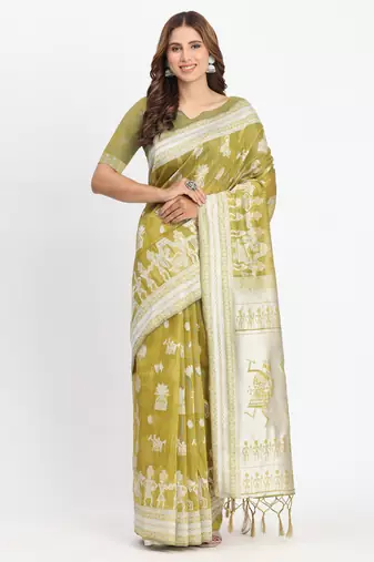 Mustard linen cotton woven saree