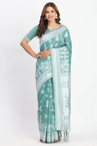 Sea green linen cotton woven saree