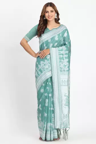 Sea green linen cotton woven saree