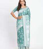 Sea green linen cotton woven saree
