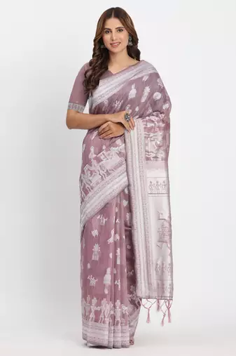 Purple linen cotton woven saree