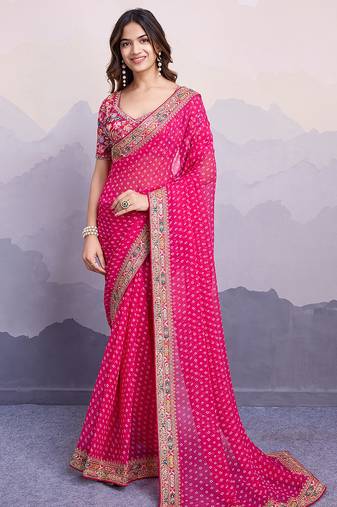 Pink georgette bandhej saree
