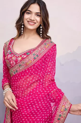 Pink georgette bandhej saree