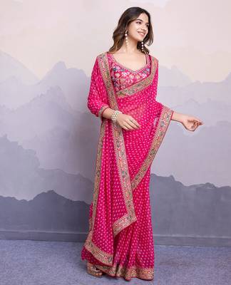 Pink georgette bandhej saree 4