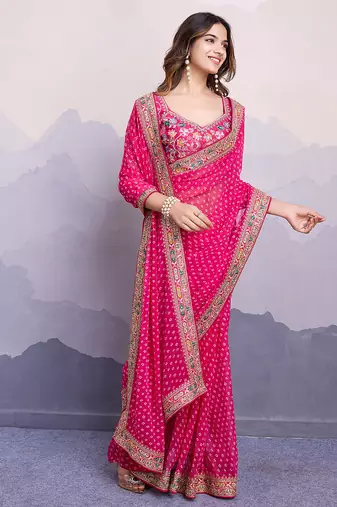 Pink georgette bandhej saree