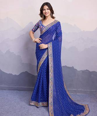 Blue georgette bandhej saree 1
