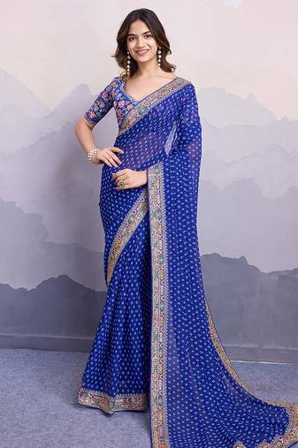 Blue georgette bandhej saree