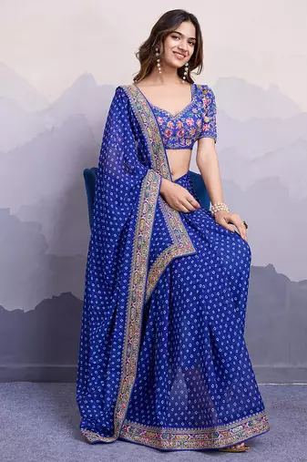 Blue georgette bandhej saree