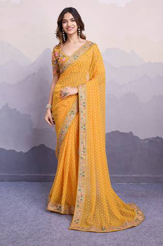Yellow georgette bandhej saree