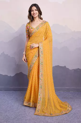 Yellow georgette bandhej saree