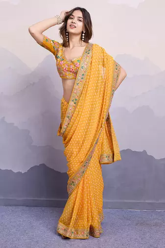 Yellow georgette bandhej saree