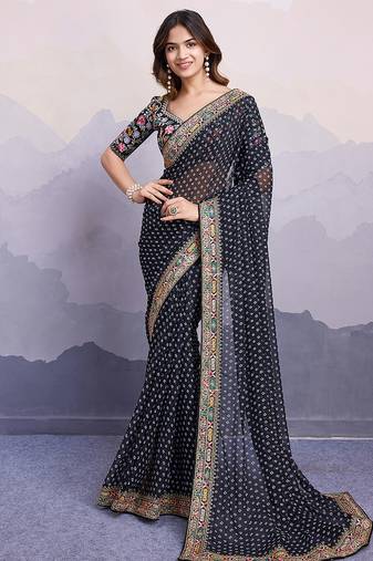 Black georgette bandhej saree