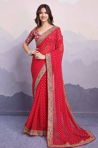 Red georgette bandhej saree