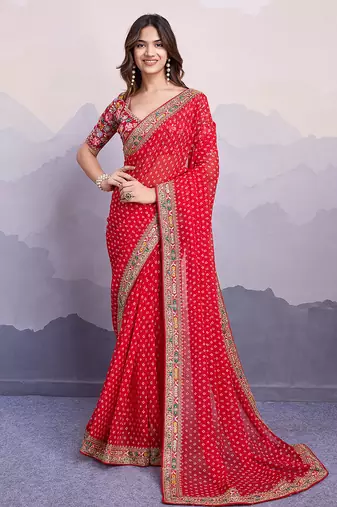 Red georgette bandhej saree