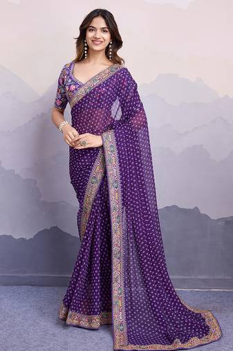 Purple georgette bandhej saree
