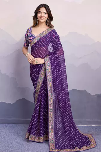 Purple georgette bandhej saree