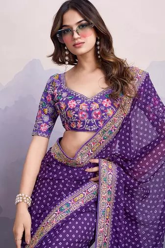 Purple georgette bandhej saree
