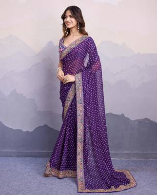 Purple georgette bandhej saree 4