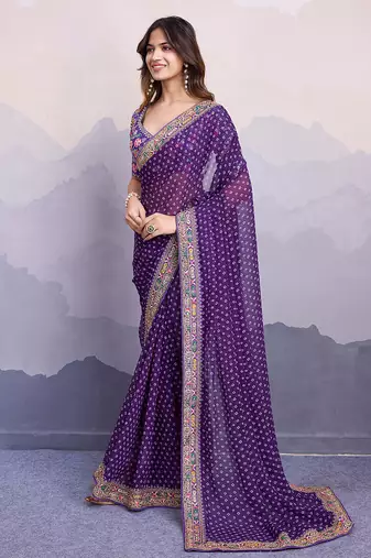 Purple georgette bandhej saree
