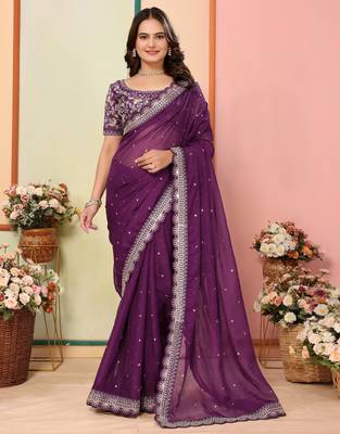 Wine organza embroidered saree 1