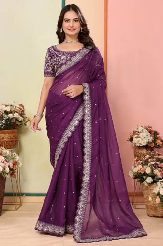 Wine organza embroidered saree