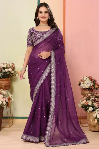 Wine organza embroidered saree