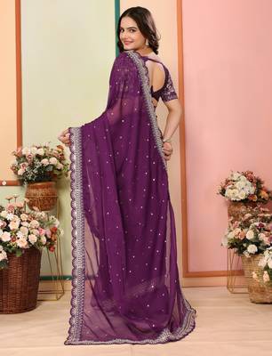 Wine organza embroidered saree 2