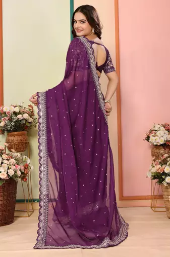 Wine organza embroidered saree