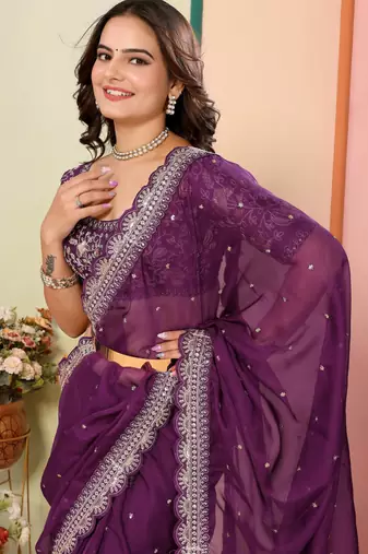 Wine organza embroidered saree