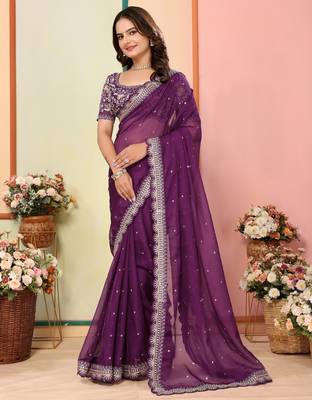 Wine organza embroidered saree 4