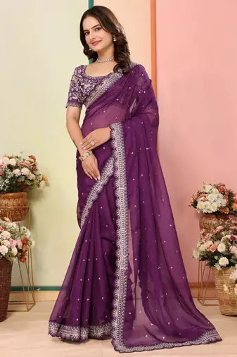 Wine organza embroidered saree