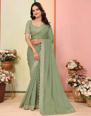 Pista organza embroidered saree 1