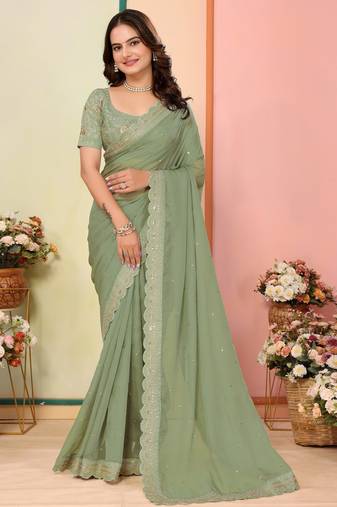Pista organza embroidered saree