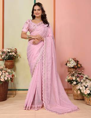 Pink organza embroidered saree 1