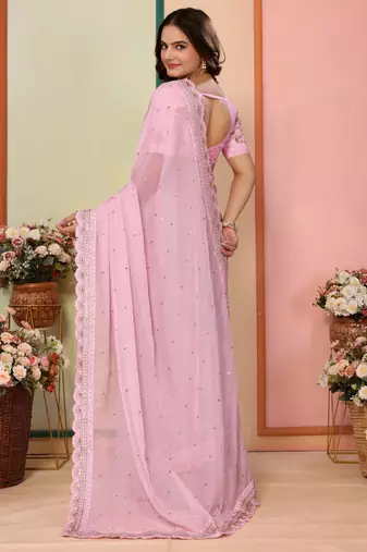 Pink organza embroidered saree